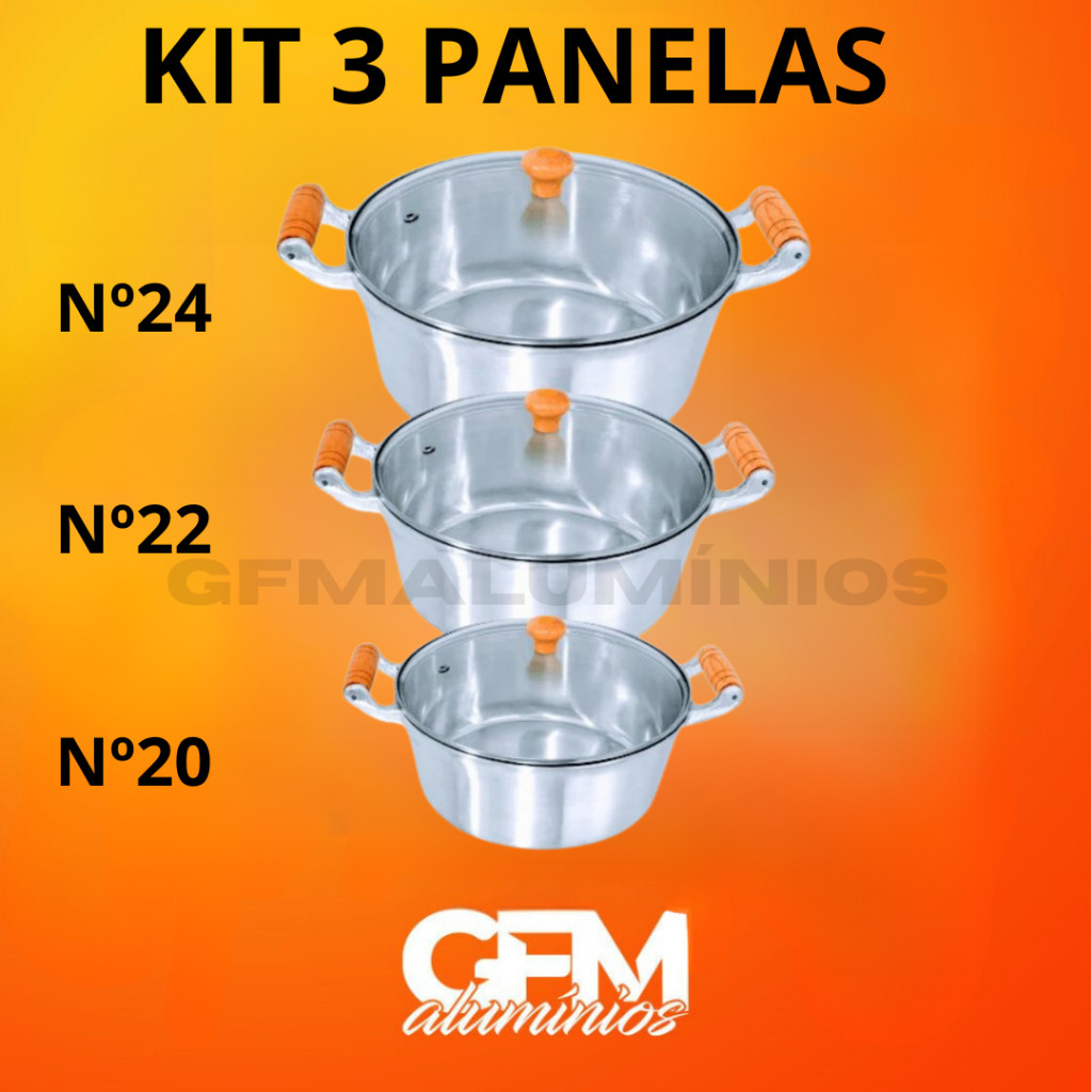 Jogo 3 Panelas médias 20/22/24 Alumínio Batido Fundido Grosso com Tampas de Vidro. Kit de panelas  para sua cozinha