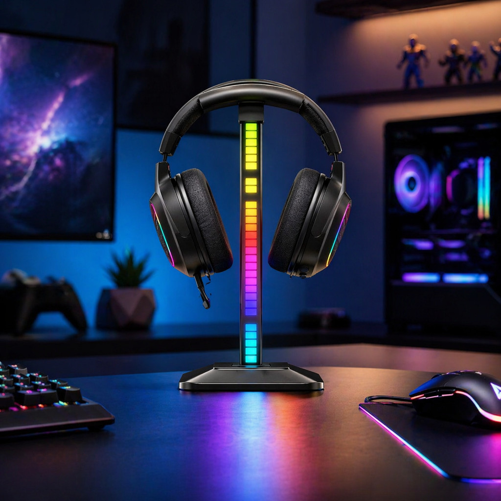 Suporte para Fone Headphone Gamer com Luz ao Som LED RGB Base para Mesa Setup PC Notebook USB LE-198
