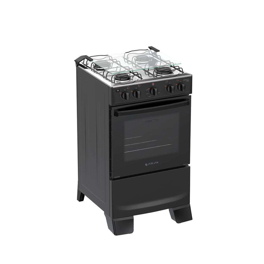 Fogão de Piso Atlas Monaco Plus Bivolt a Gás 4 Bocas 48 Litros Mesa Inox Preto Ignição Automática