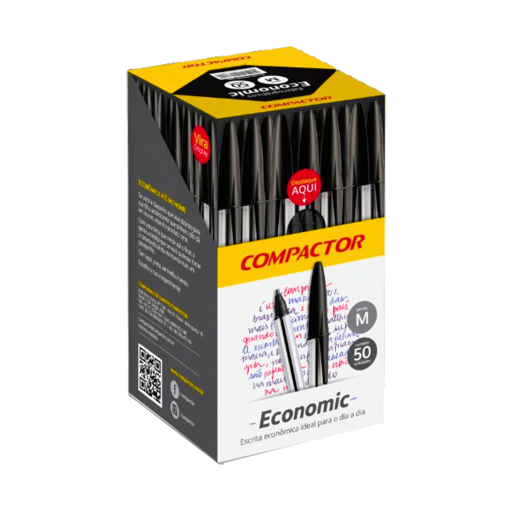 Caixa Com 50 Canetas Compactor Economic Ponta Média 1.0 mm Cor:Preta