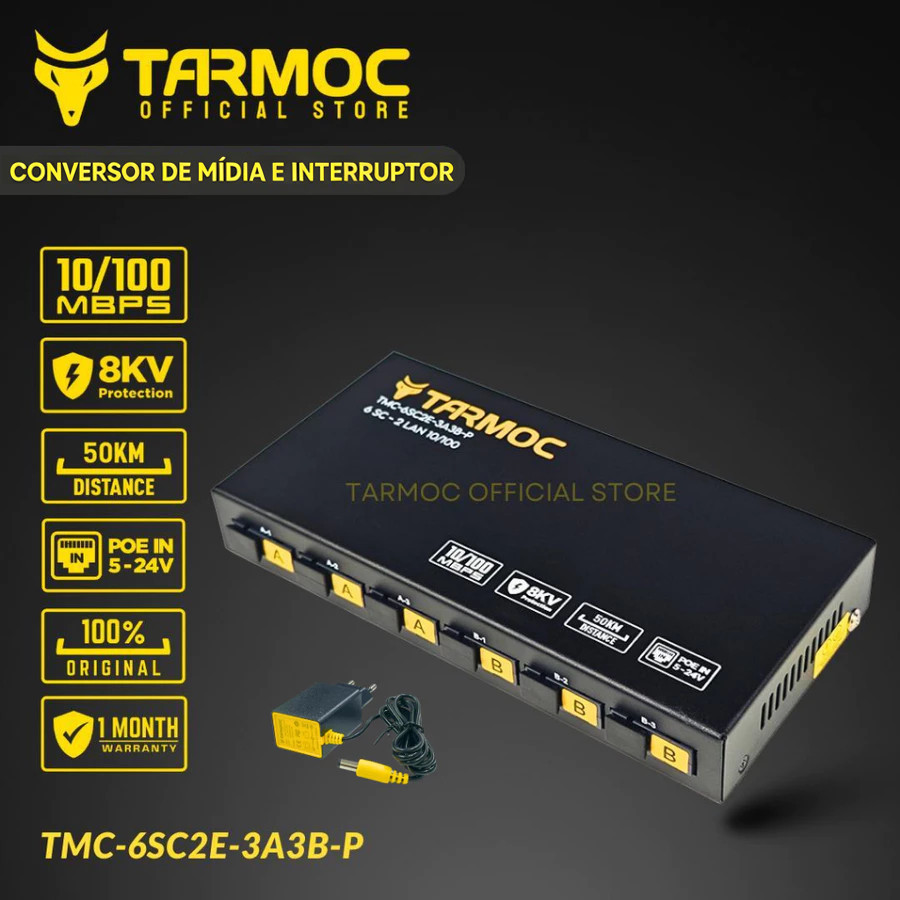 Tarmoc TMC-6SC2E-3A3B-P Conversor de Mídia Fibra Óptica Switch 6 SC 2 LAN / 6 FO 2 LAN 10/100 POE IN 5-24 Volts