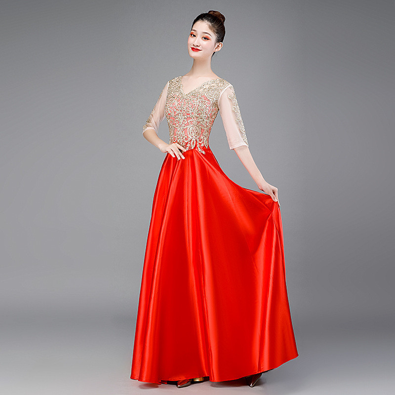 Vestido de cetim que muda de cor 2026 novo estilo coro vestido de desempenho estilo longo diamante quente manga média an