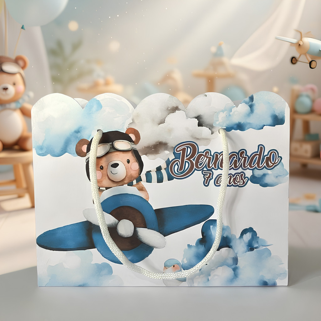 Kit Sacolinha Sacola Papelaria Personalizada Ursinho Aviador Sacolinha de Lembrancinha Caixinha para Festa