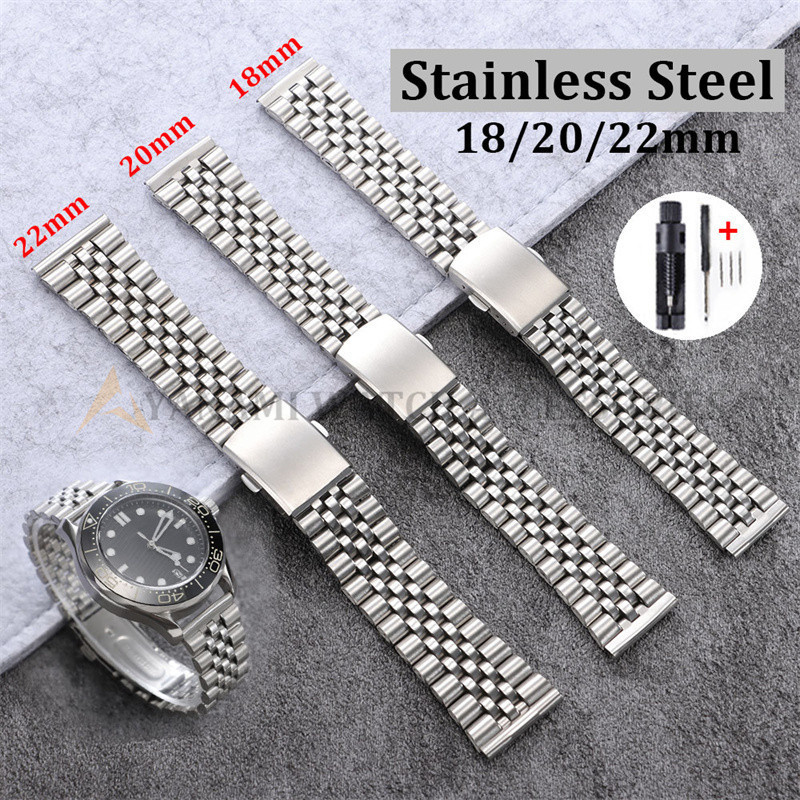 Pulseira Universal Jubilee de Aço Inoxidável para Relógio 18mm 20mm 22mm com Cinco Elos e Fecho Dobrável Masculino F