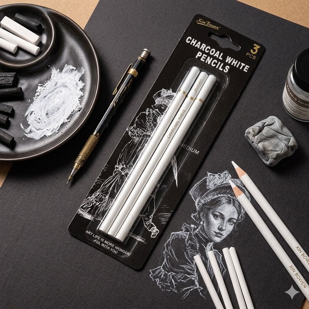 Lápis Branco para Desenho Artístico Kit 3 Carvão para Luz e Destaques