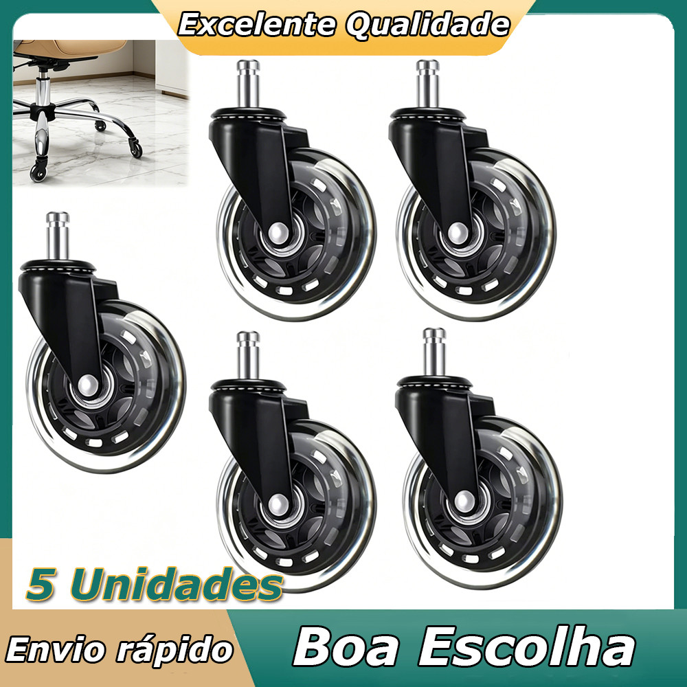 Kit 5 Rodas para Cadeira de Escritório Rodízios de Borracha Antirrisco Pino Padrão Rodinhas Silenciosas