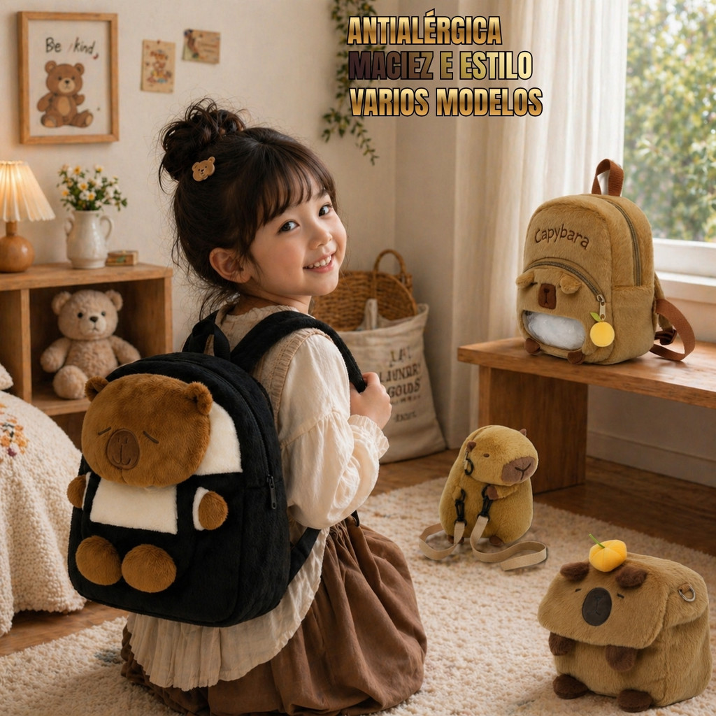 Mochila Infantil Capivara Kawaii em Pelúcia Super Macia