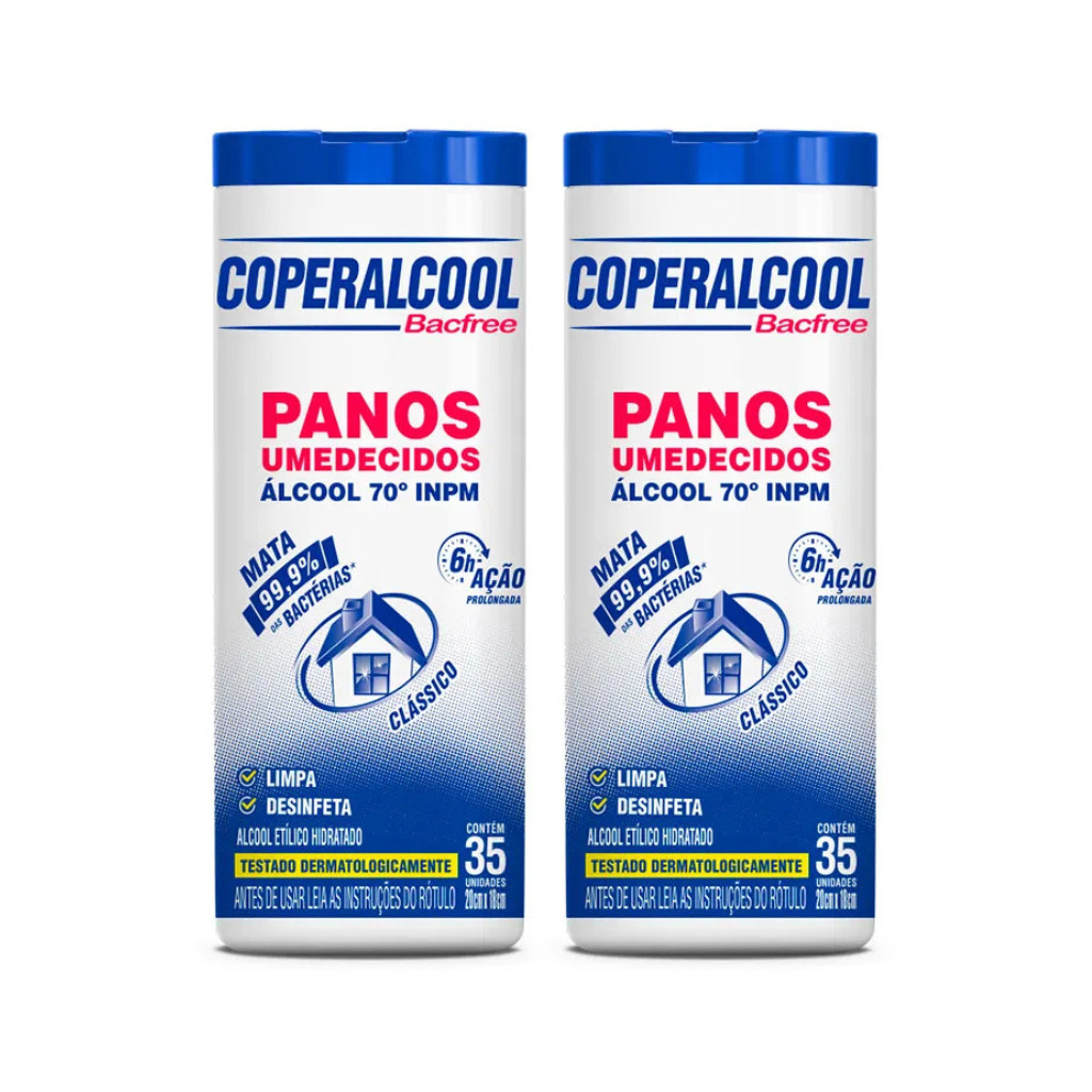Panos Umedecidos Coperalcool Bacfree 70°INPM Clássico 35 Panos 2 Potes