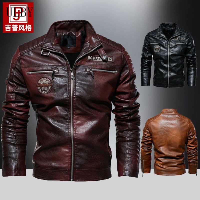 Jaqueta de Couro Casual Masculina Estilo Europeu-Americano, Resistente, com Forro de Veludo Grosso, Gola Alta e Emblema