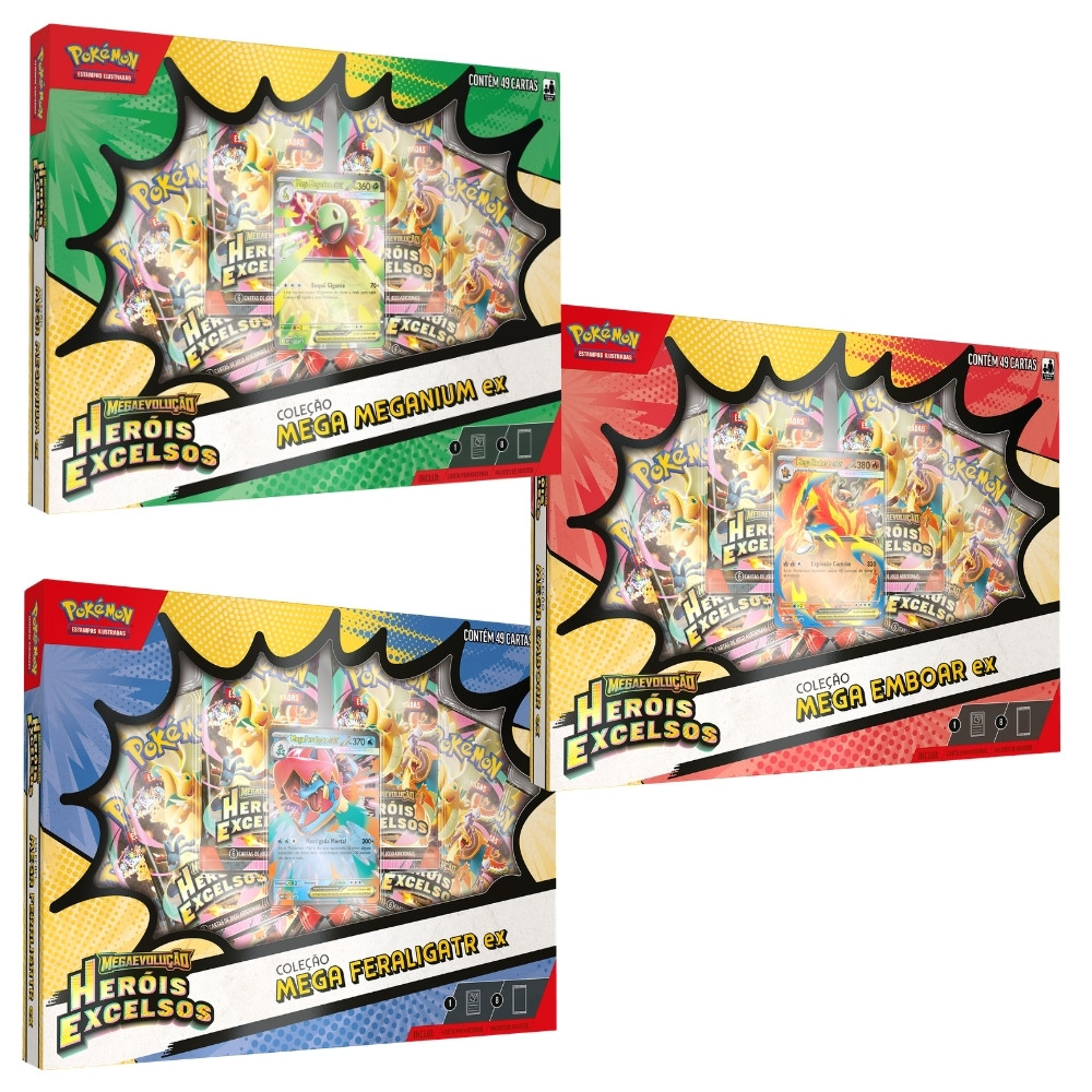 Imagem BOX POKÉMON MEGA MEGANIUM EMBOAR FERALIGATR EX COPAG EVOLUÇÃO ME2.5 CARTA BOOSTER HERÓIS EXCELSOS ME
