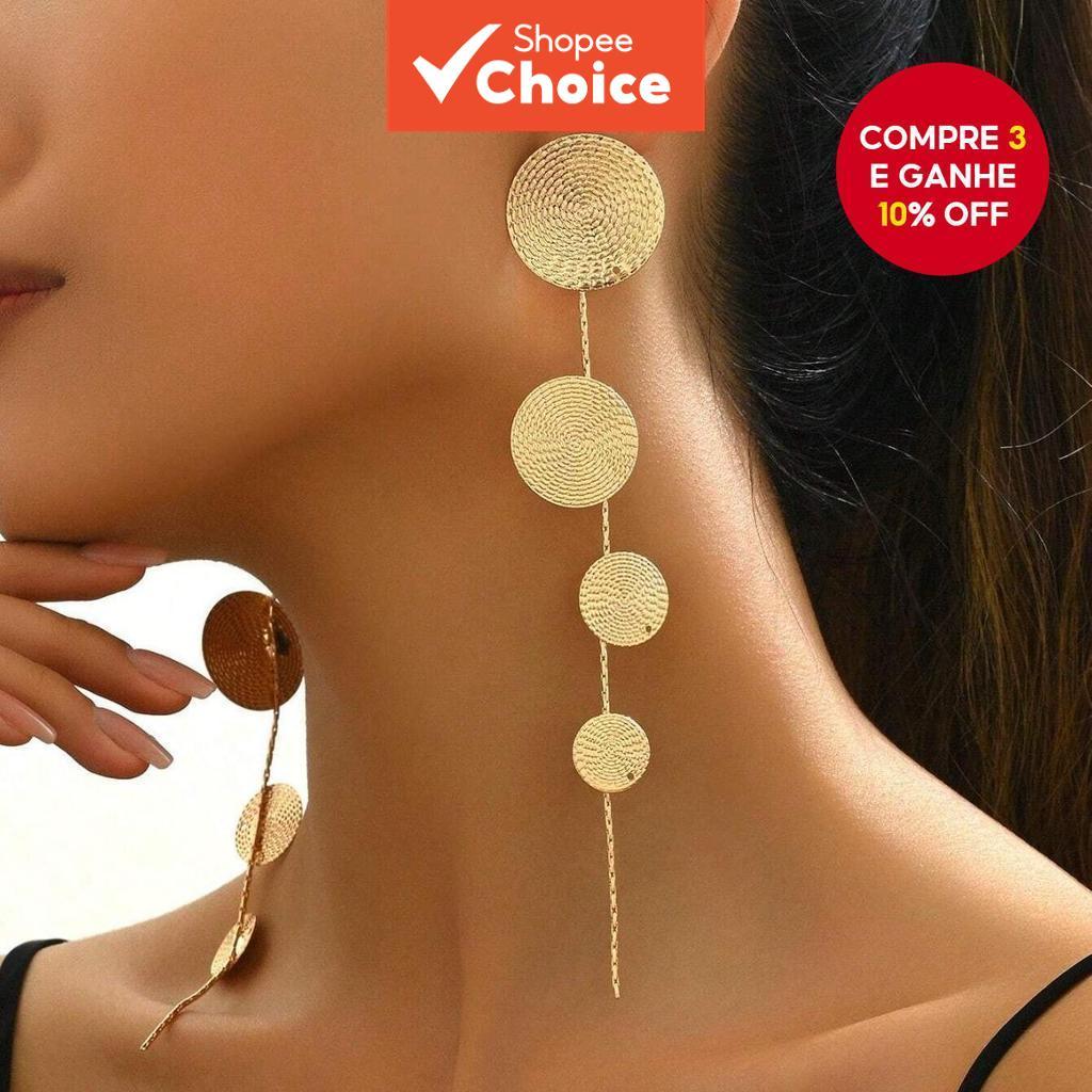  Brincos de Luxo com Correntes Longas e Anéis Texturizados Dourados, brincos para mulheres com design Boho Chic