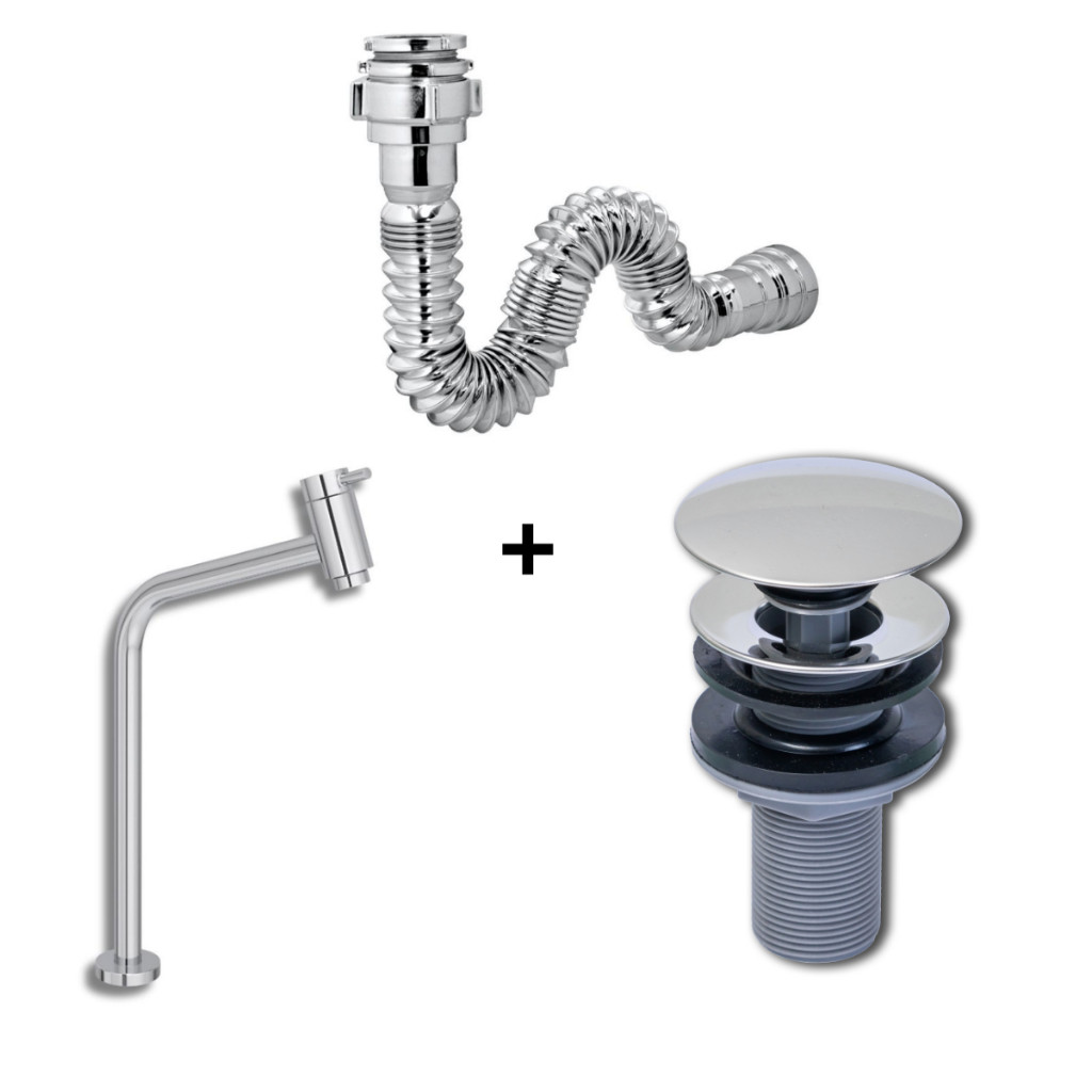 Kit Lopazzi Torneira Link Inox + Sifão Inox + Válvula Inox para Lavatório Cuba Pia Banheiro Cozinha