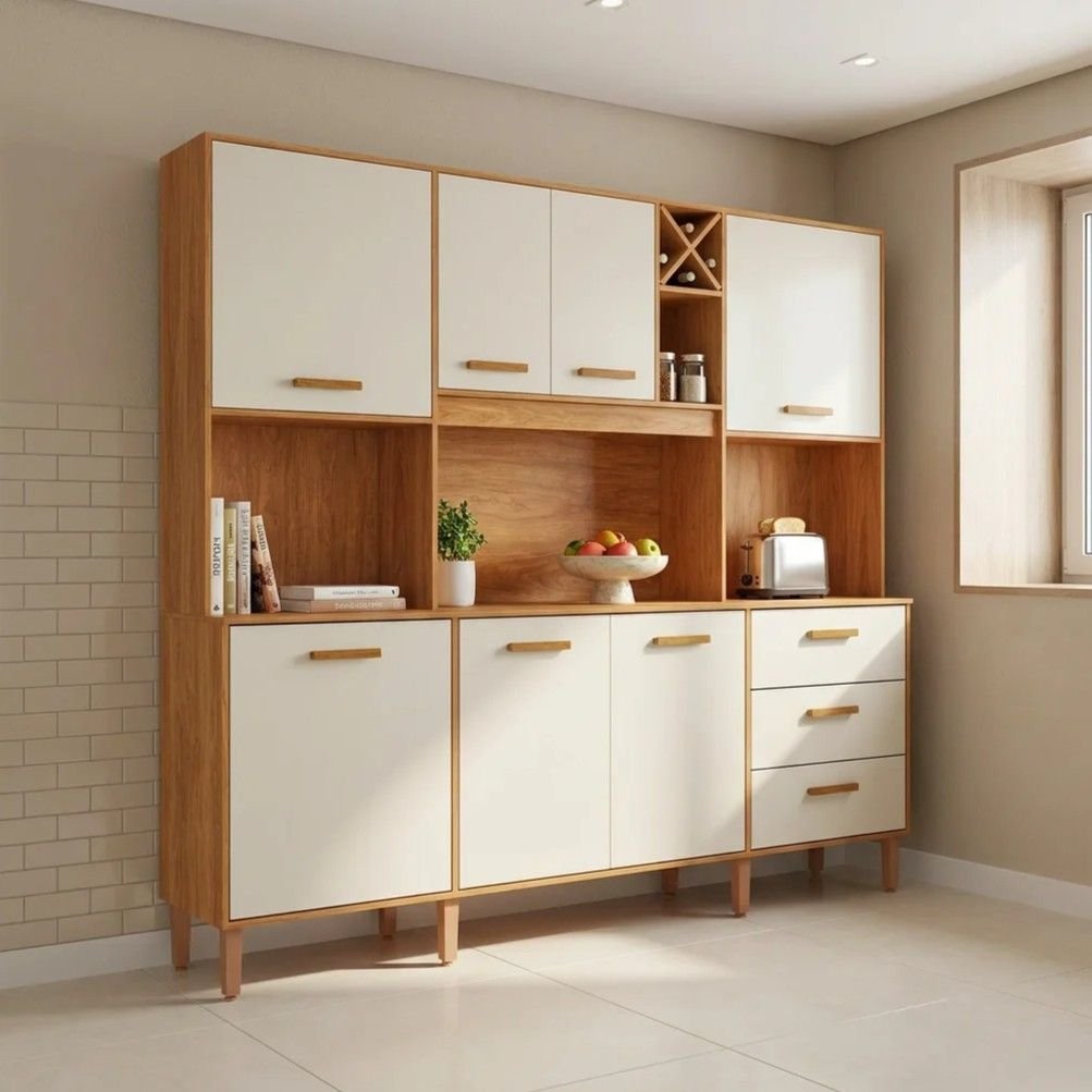 Cozinha Compacta 7 Portas 3 Gavetas com Nicho para Microondas e Garrafeiro Modena Yescasa Cinamomo/Off White Bege