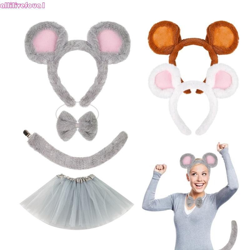 allilivefoua1 1 3 4 Pçs Traje Acessório Conjunto Orelhas Ratos Bandana Cauda Tutu Saia Gravata Borboleta Para C