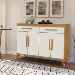 Aparador Buffet Para Sala Estar Hall Cozinha 4 Portas 2 Gaveta Canelato com Off White - Trinobel