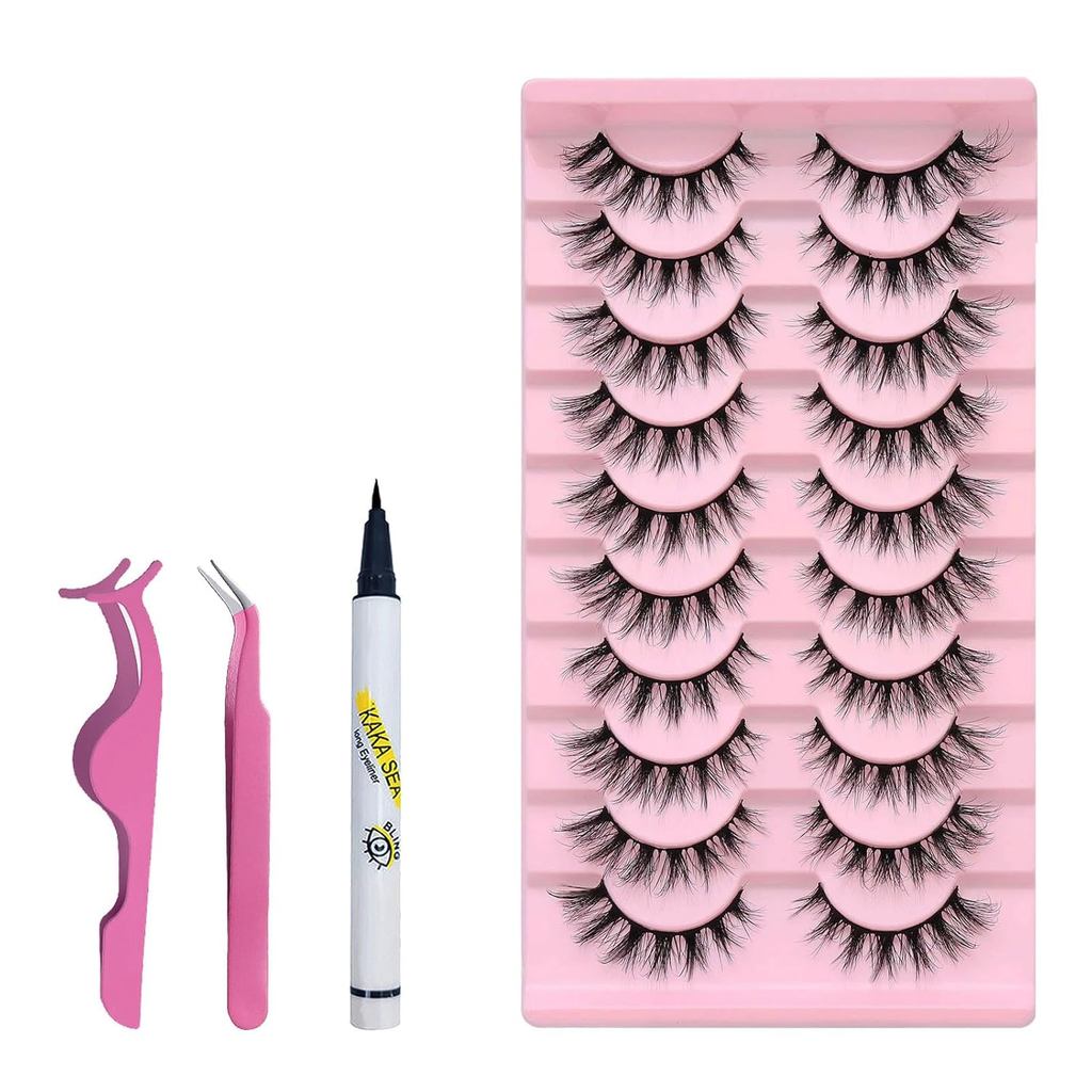 10 Pares de Cílios Postiços – Cílios Finos de 8-14mm com Aparência Natural, Inclui Delineador, Pinça e Curvador de Cílio