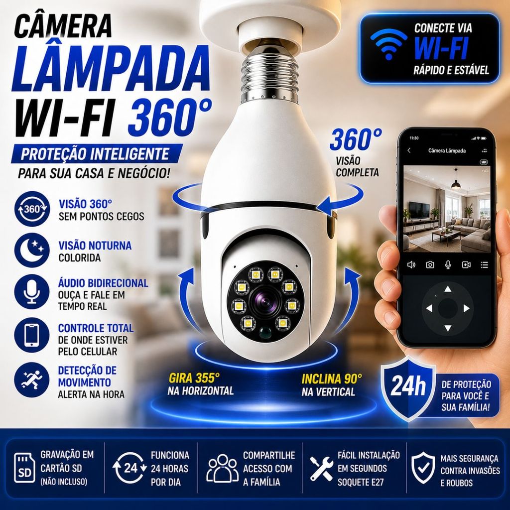 Câmera Lâmpada Espia WiFi 360 Visão Noturna Giratoria Audio Biredicional Segurança Externa Interna