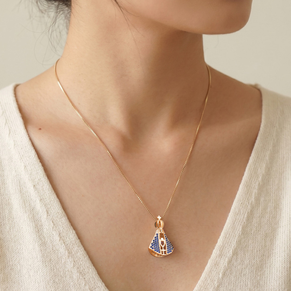 Vnox Nossa Senhora Aparecida Saint Pingente Colar Para Mulheres Banhado A Ouro 18K Dupla Face Azul Branco Zircão Corrent · foto 2
