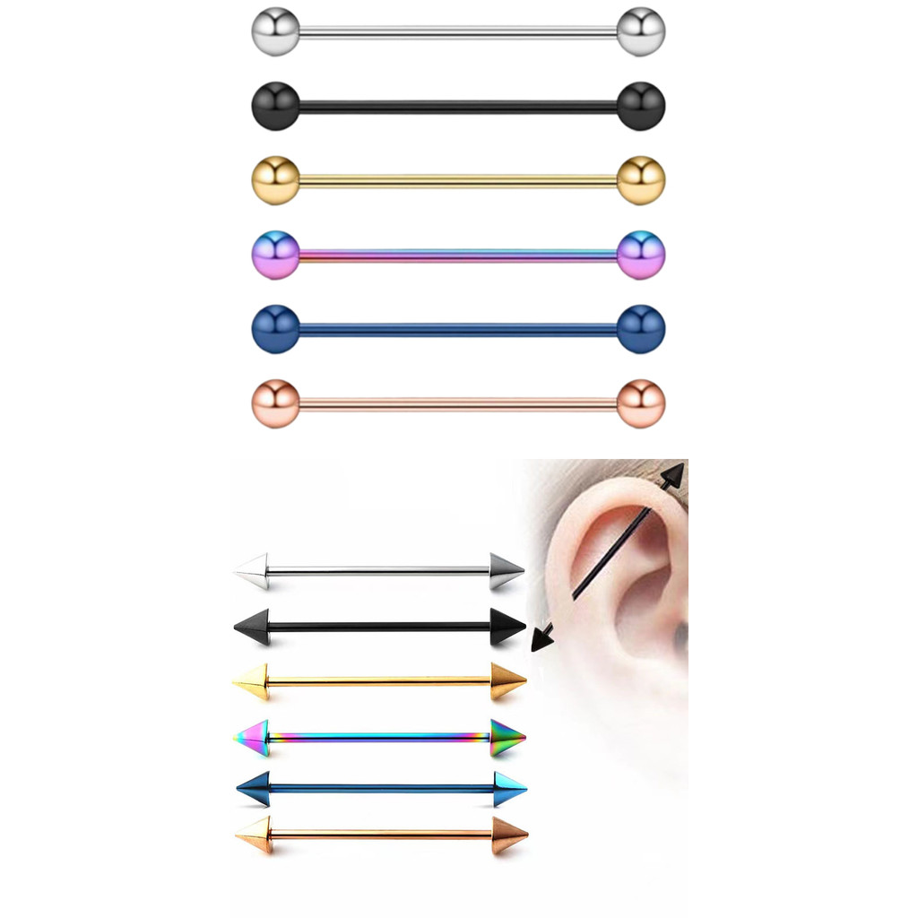 Piercing Industrial Transversal Aço Inoxidável 34mm Orelha Cartilagem Barra Reta Antialérgico Furo Duplo Cor Preto