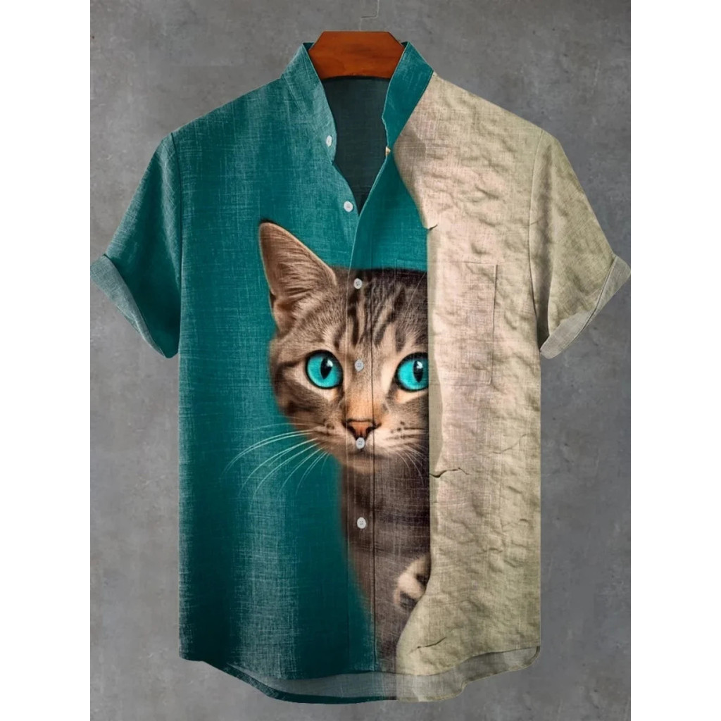 Moda Casual Masculina Nova Camisa Arte Impressão Bonito Gato Padrão Camisas Rua Confortável 3K05