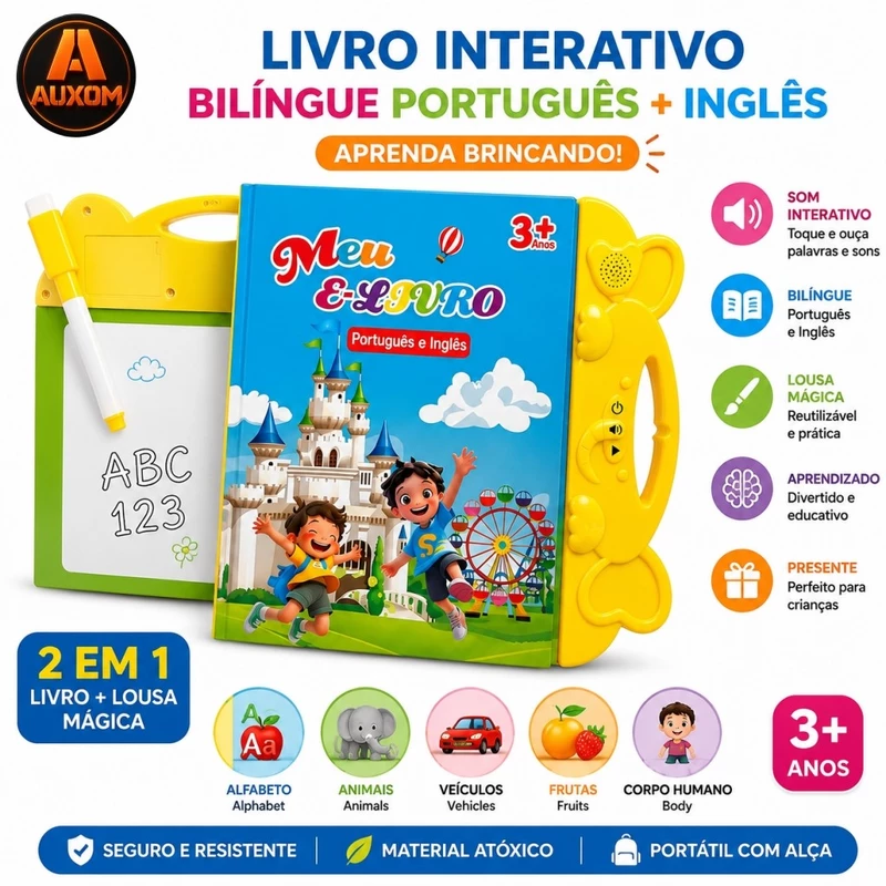 Livro Interativo Infantil Bilíngue Português e Inglês com Som