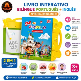 Livro Interativo Infantil Bilíngue Português Inglês - Educativo, Som Interativo e Lousa Mágica Reutilizável