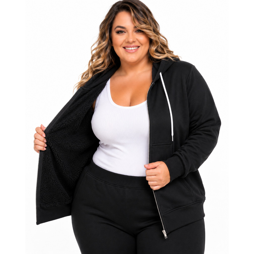 Casaco Moletom Feminino Plus Size com Zíper Pelúcia Interna Quentinho Inverno M AO G1