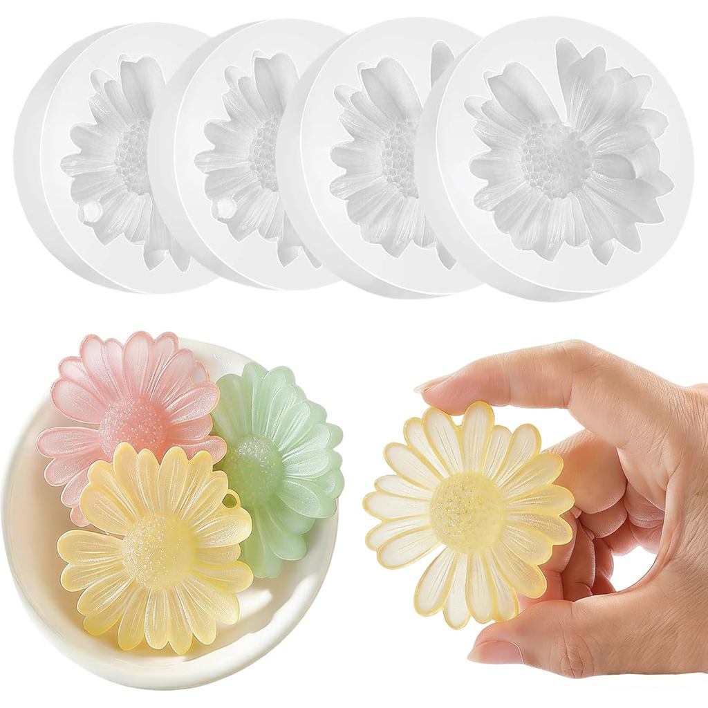 4 Moldes de Silicone em Forma de Flor Margarida, Moldes 3D para Decoração de Bolos em Forma de Crisântemo, Molde de Flor