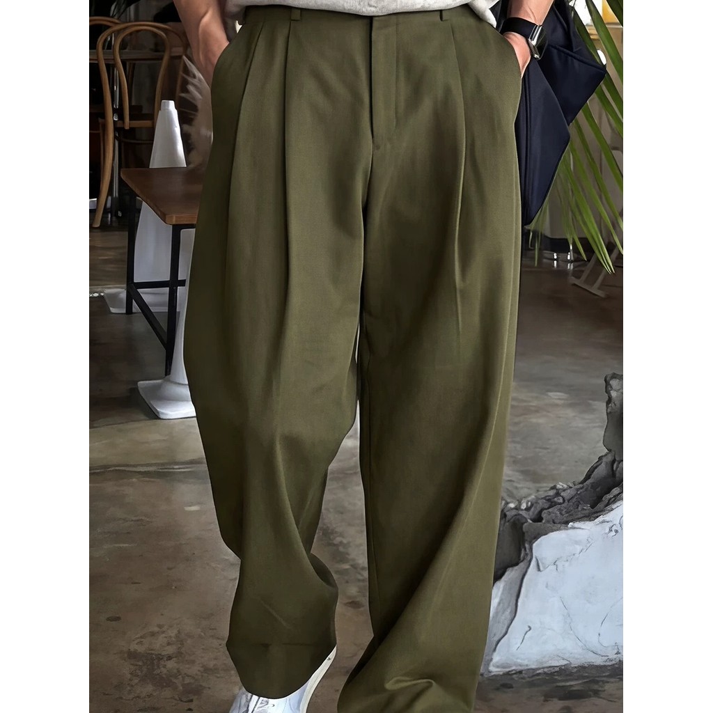 Americano Retro algodão linho macacão masculino duplo plissado Design solto calças retas estilo dinheiro antigo terno de