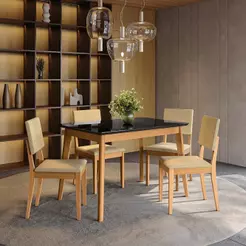Conjunto Sala de Jantar Nara Kappesberg em Madeira Maciça com 4 Cadeiras Boucle Bege