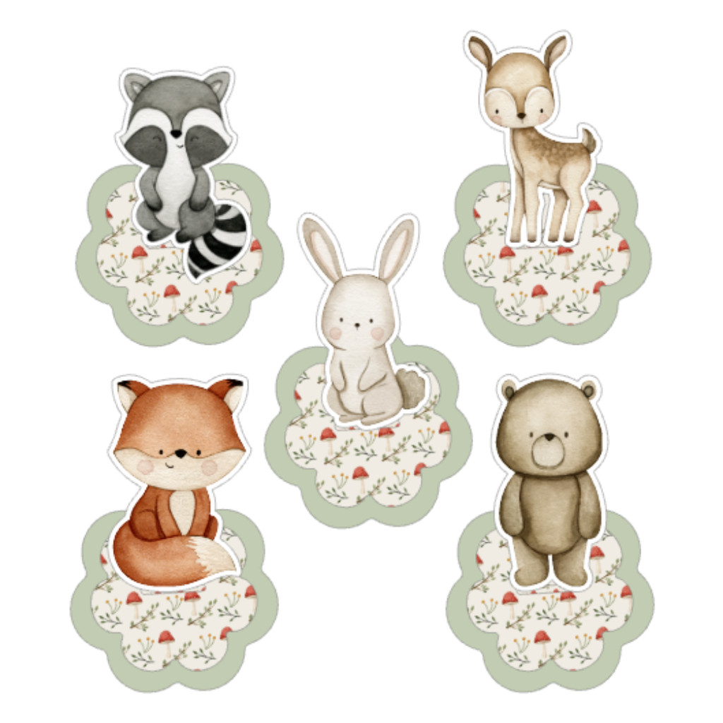 Kit Aplique 3D Personalizado Bosque Encantado Tags de Festa em Pé Lembrancinhas Temáticas para Aniversário Infantil