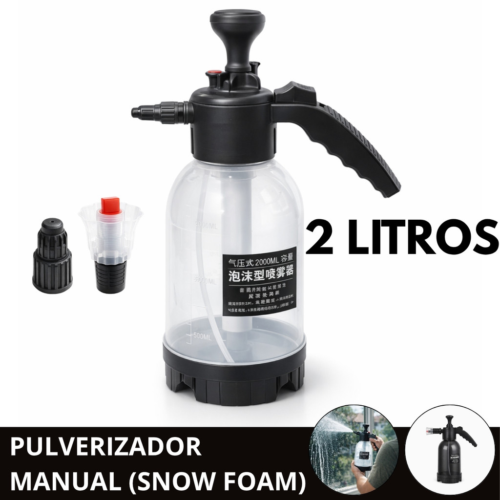 Borrifador Pulverizador Manual 2L Snow Foam com 2 Bicos Alta Pressão – Espuma Lavagem e Uso Doméstic