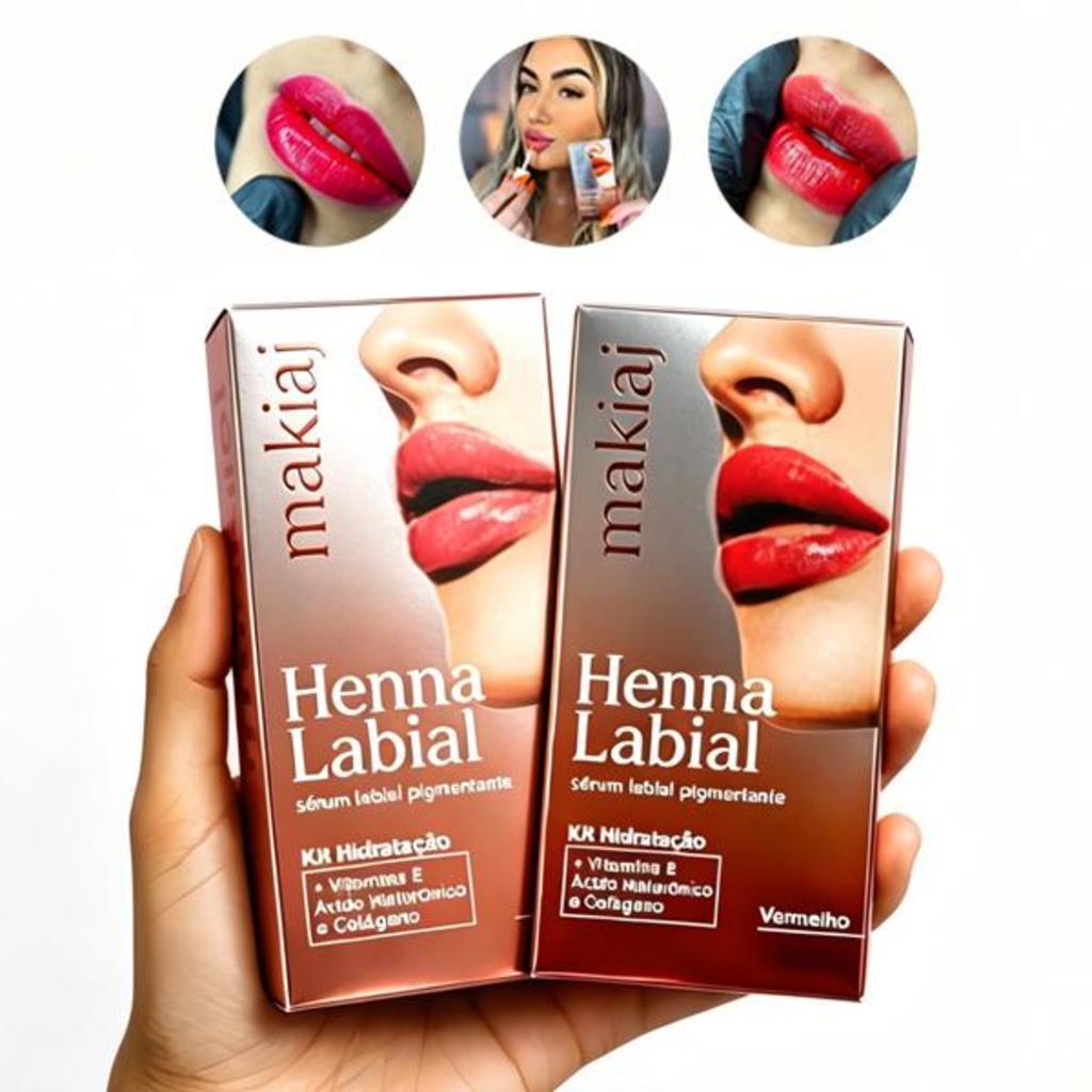 Henna Labial Makiaj 3ml Sérum Labial Hidratante e Pigmentado Cor Rosa e Vermelho