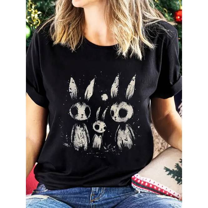 「BR.Moonlight」Camiseta Feminina Coelho Família Cartoon Estampa Colorida Confortável Fofa Divertida Moda Casual