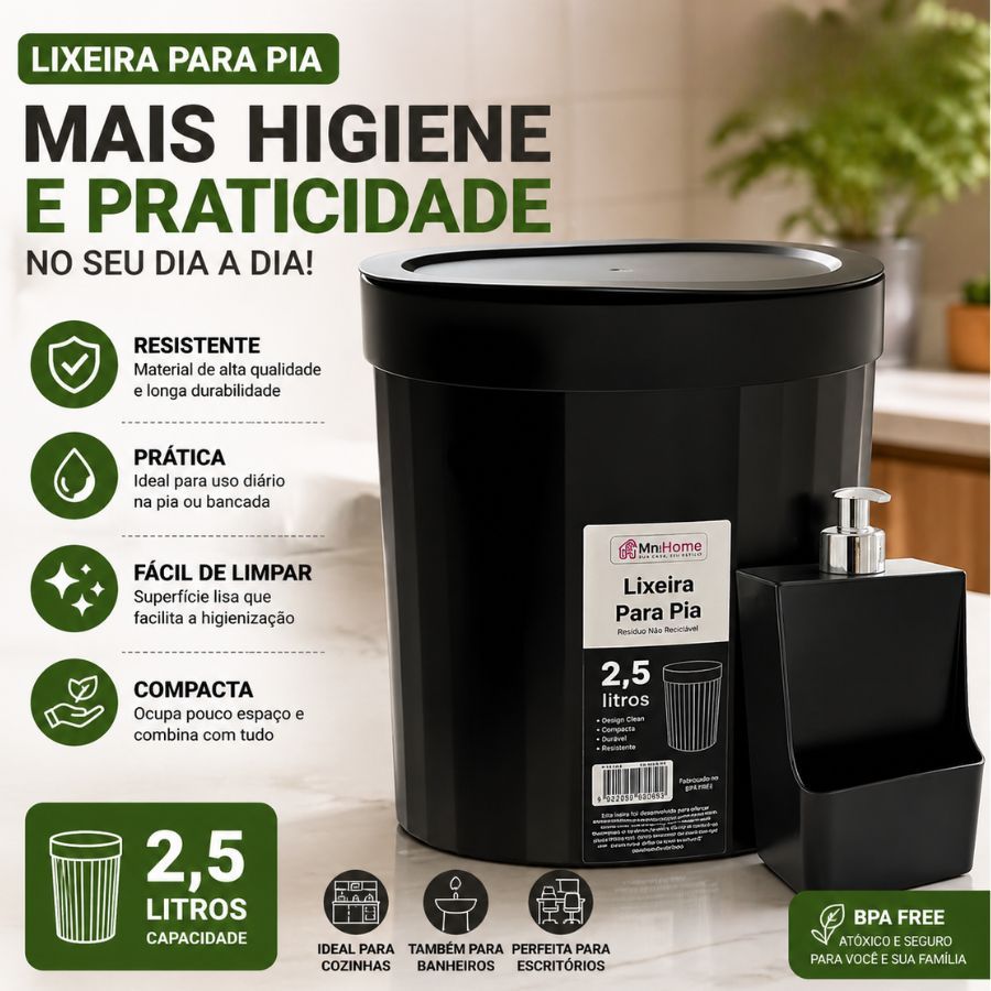 Kit Pia Lixeira 2,5 Litros Xplast + Porta Detergente Dispenser Plástico  Bico