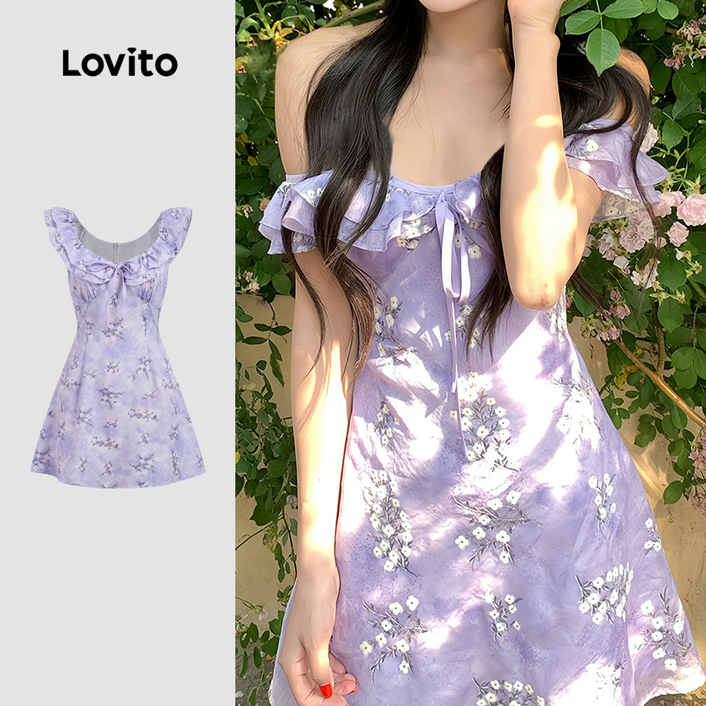 Lovito Padrão Casual Vestido com Babados Primavera/verão Vestido Roxo para Mulhe