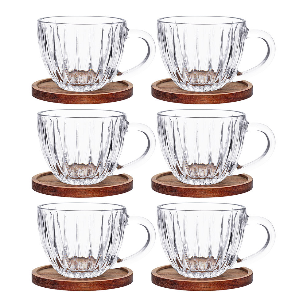 Jogo 6 Xícara de Chá Café Vidro Cristal com Pires de Madeira Acácia Montecarlo 180ml Haüskraft Premium