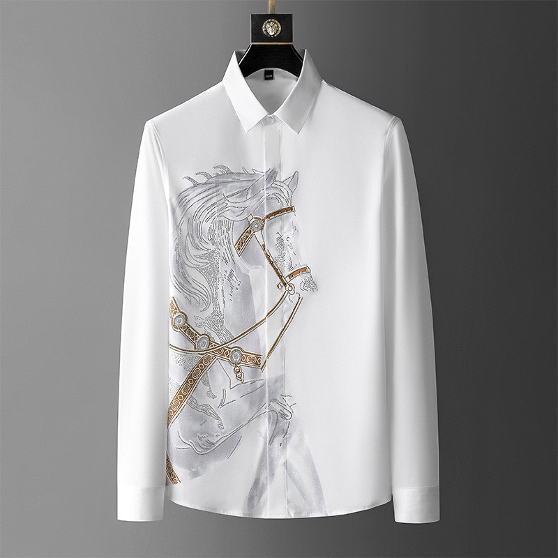 Camisa masculina de manga comprida estampada camisa de diamante quente masculina Slim fit sem ferro camisa antirrugas ma