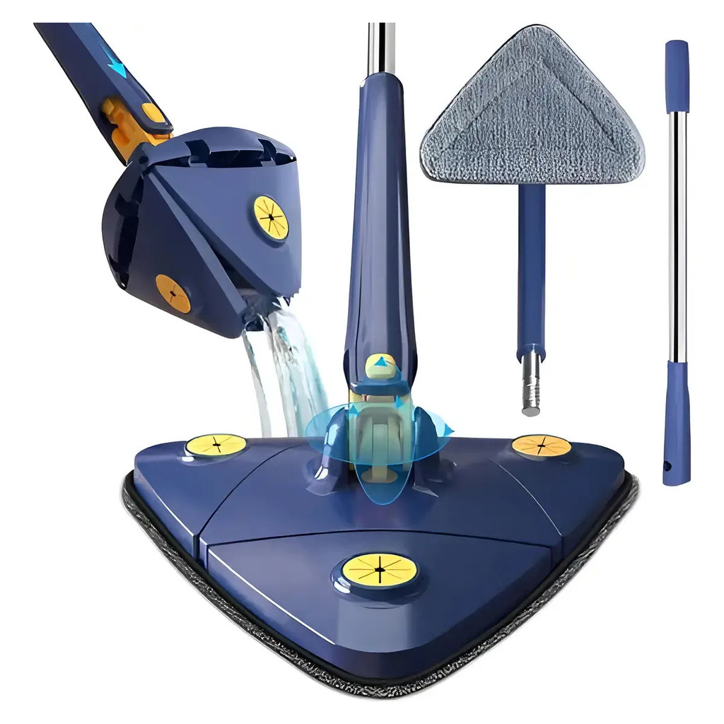 Esfregão Mop Giratório 360° Triangular Alça Regulável Limpa Teto Chão Azulejo Vidro Rodo Mágico Azul