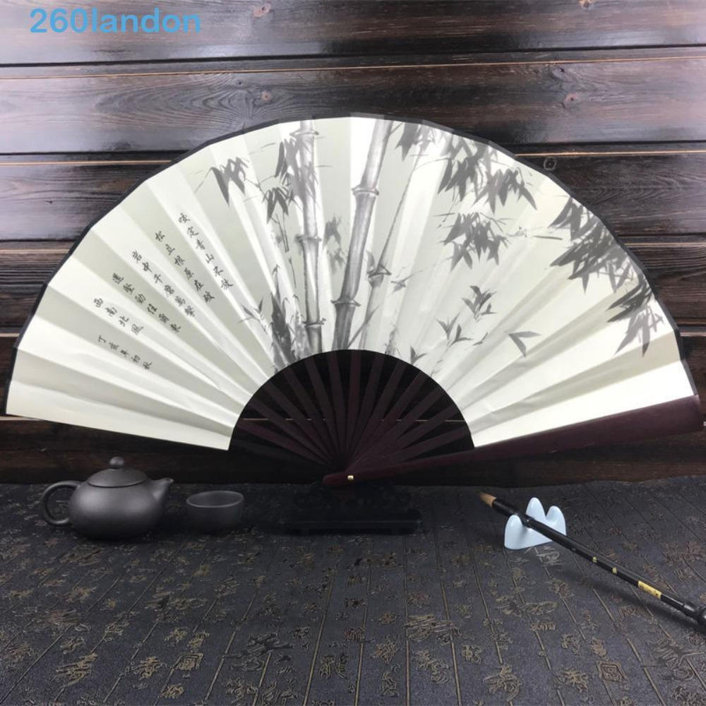 Ventilador De Mão LANDON , Dobrável De Pintura Chinesa Tradicional De Pano De Seda Bambu Com Gravação A Laser