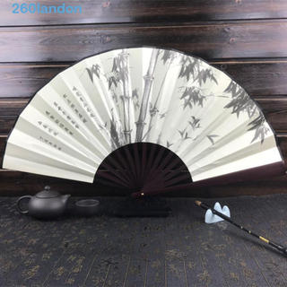 Ventilador De Mão LANDON , Dobrável De Pintura Chinesa Tradicional De Pano De Seda Bambu Com Gravação A Laser