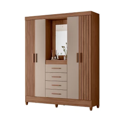 Guarda Roupa Casal Quarto Atenas Frisado 4 Portas 4 Gavetas com Espelho Carvalho com Fendi - Moval