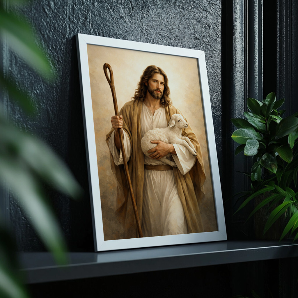 Quadro com Moldura Jesus Bom Pastor Arte Religiosa Cristã Fé Esperança Quadro Jesus Ovelha