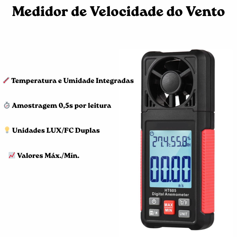 Anemômetro Digital 0.40-30m/s Com Visor LCD Retroiluminado-Medidor de Velocidade do Vento e Temperatura (-20°C a 60°C).