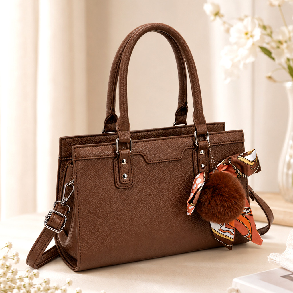 Bolsa Feminina Couro PU Elegant Grande Capacidade Alça Transversal Mochila de Mão Scrunchie Pom Pom Acessório Moda