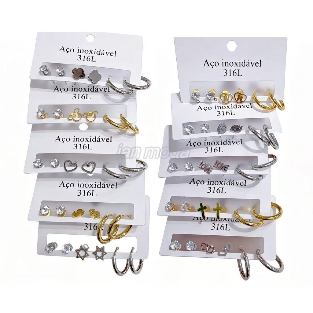 Kit 3 pares Brinco pequeno com medio argola aço inoxidável 316L