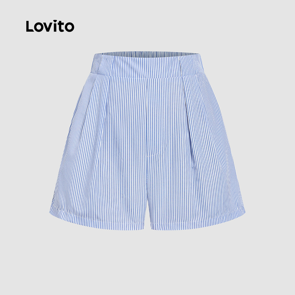 Lovito Shorts Casuais Plissados Lazer Shorts Azul para Mulheres L177ADD126 · foto 2