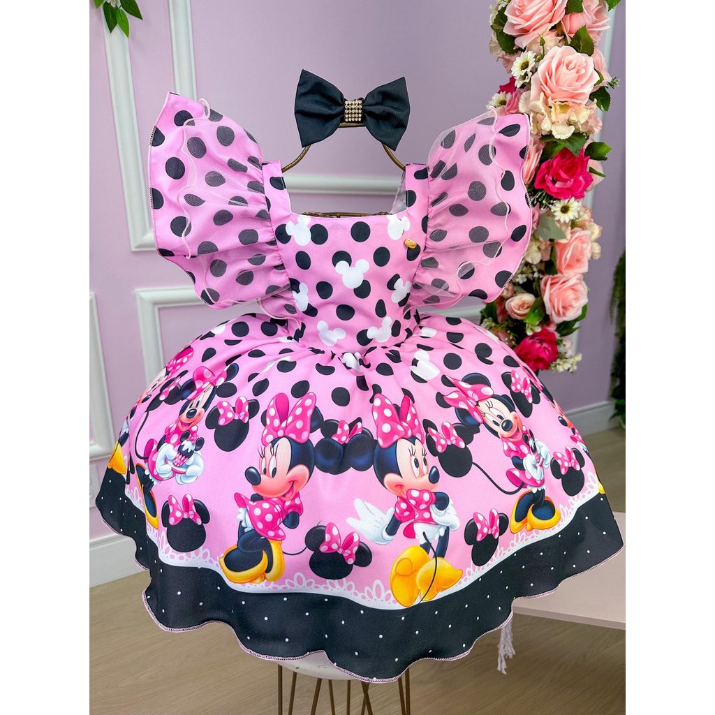 Vestido Conforto Temáticos Kids Minnie/Minie Rosa Com Preto