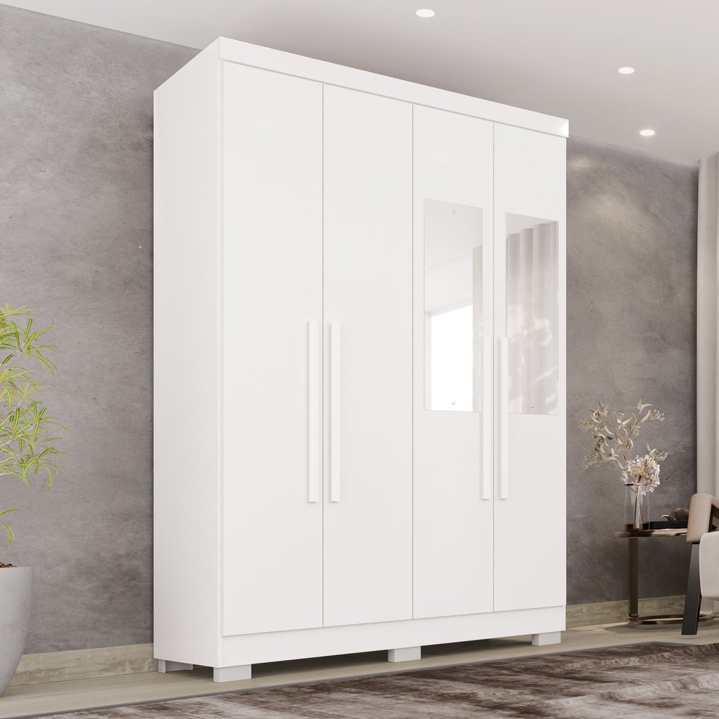 Guarda-Roupa Solteiro com Espelho 4 Portas 2 Gavetas com Pés França Branco Branco
