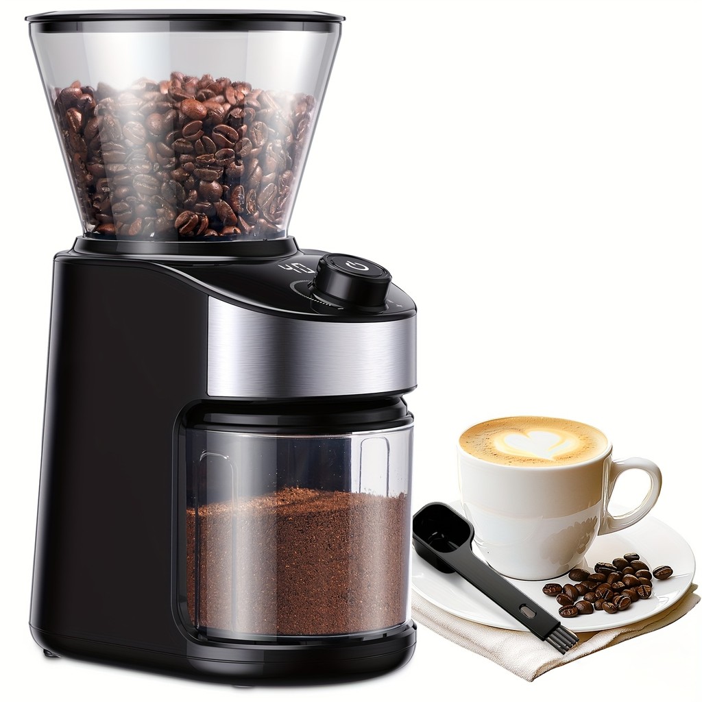 Moedor de Café Elétrico com Mós, Moedor Automático de Grãos de Café com Display Digital de 40 Segundos, Mós Ajustáveis c